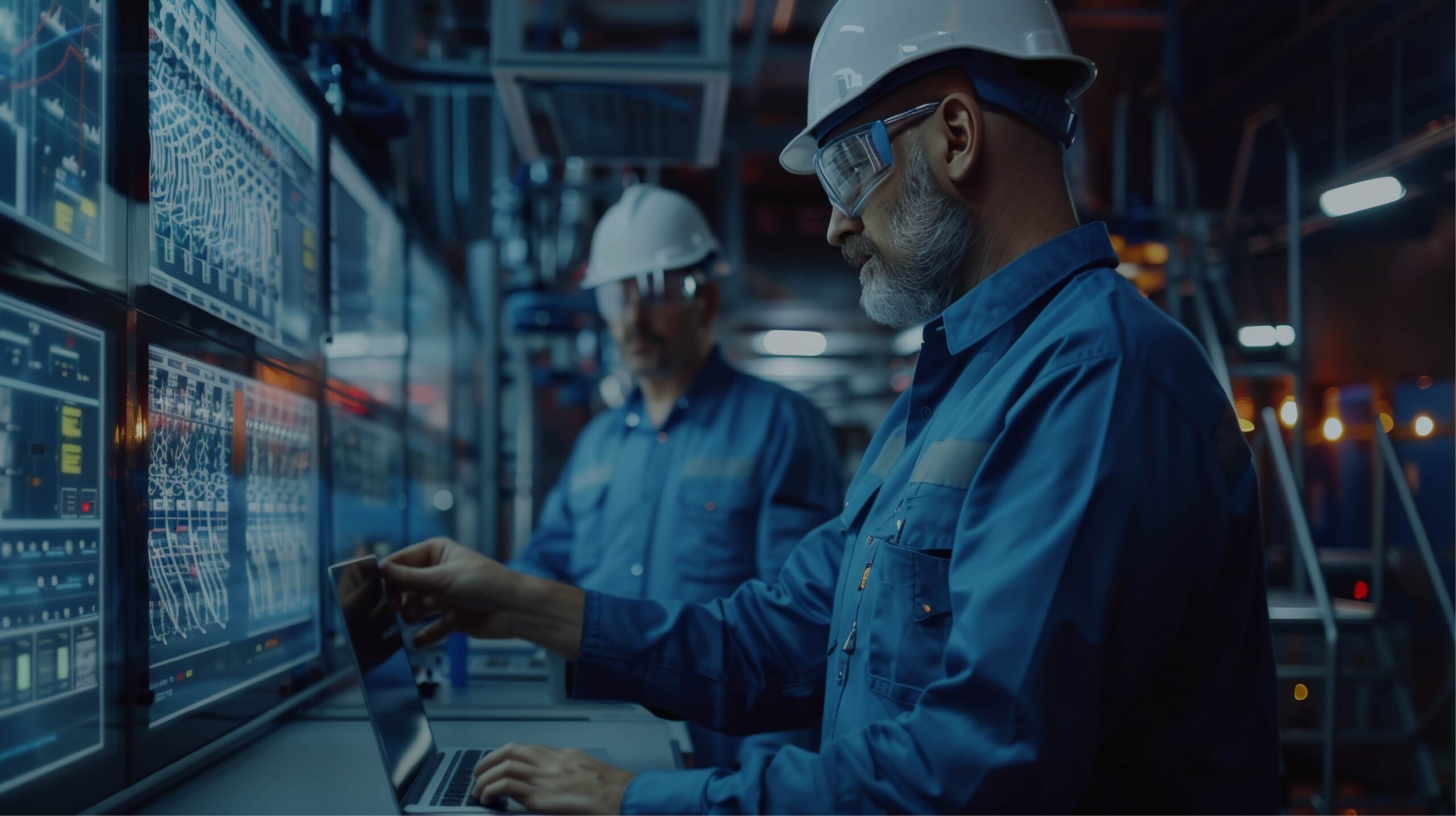 Travail dans une chambre de serveurs Deux hommes dans une chambre de serveurs, travaillant sur leurs ordinateurs portables